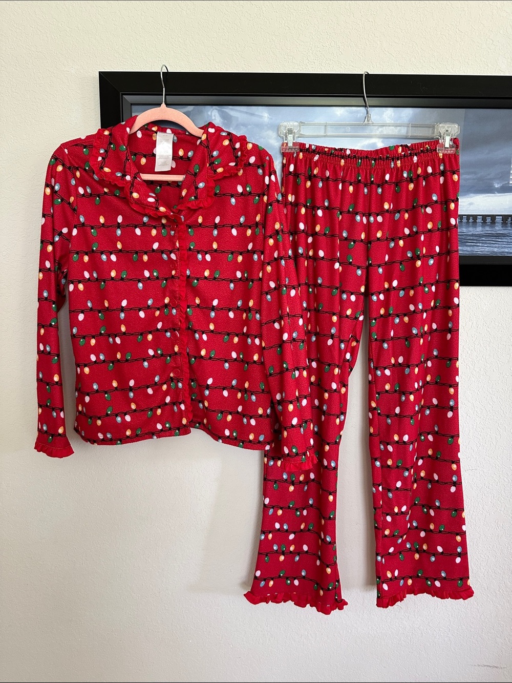 Christmas Red Holiday Light-Print Pajama Set M